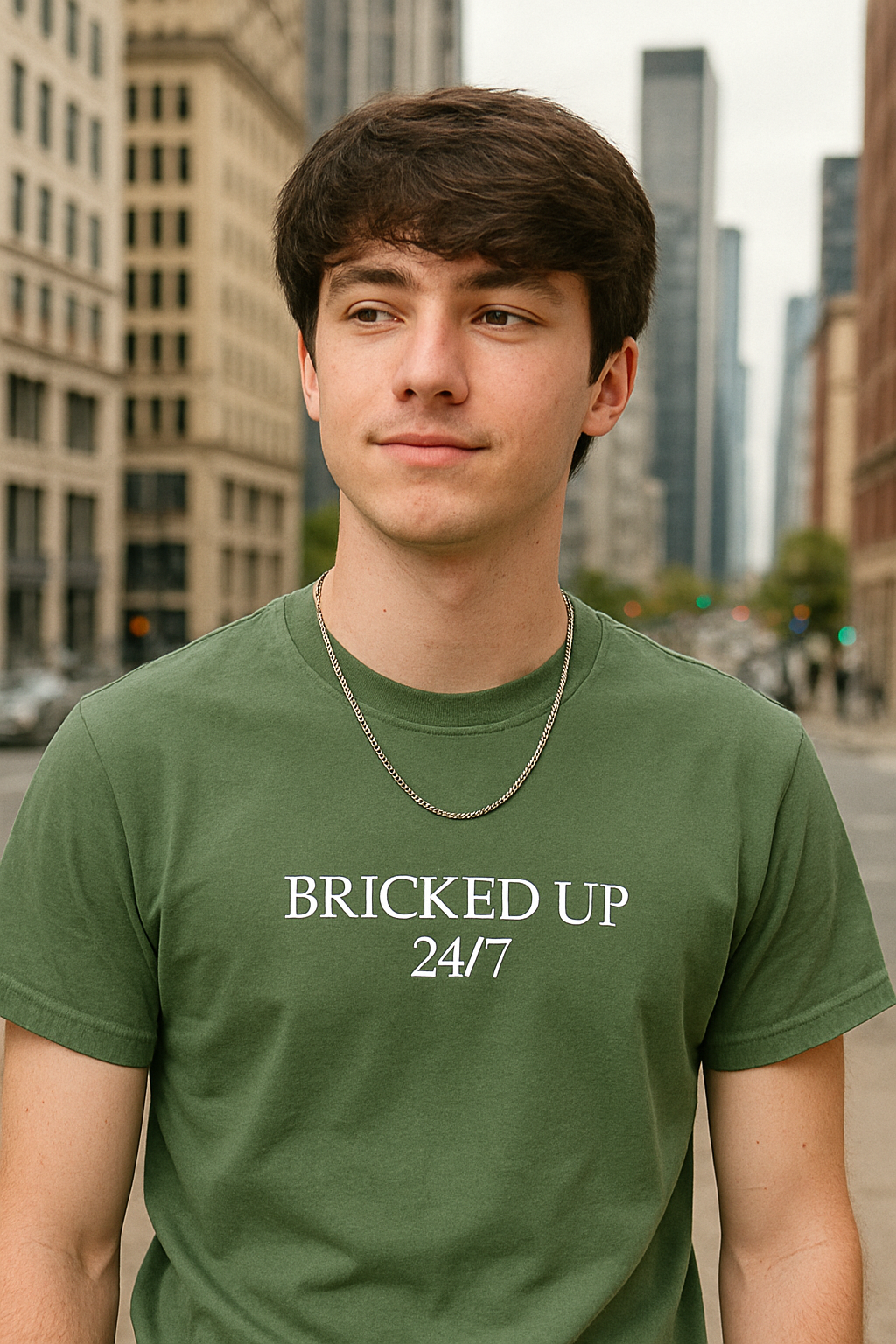 A young man wearing a green t-shirt with the text "BRICKED UP 24/7" stands in front of a cityscape with tall buildings.