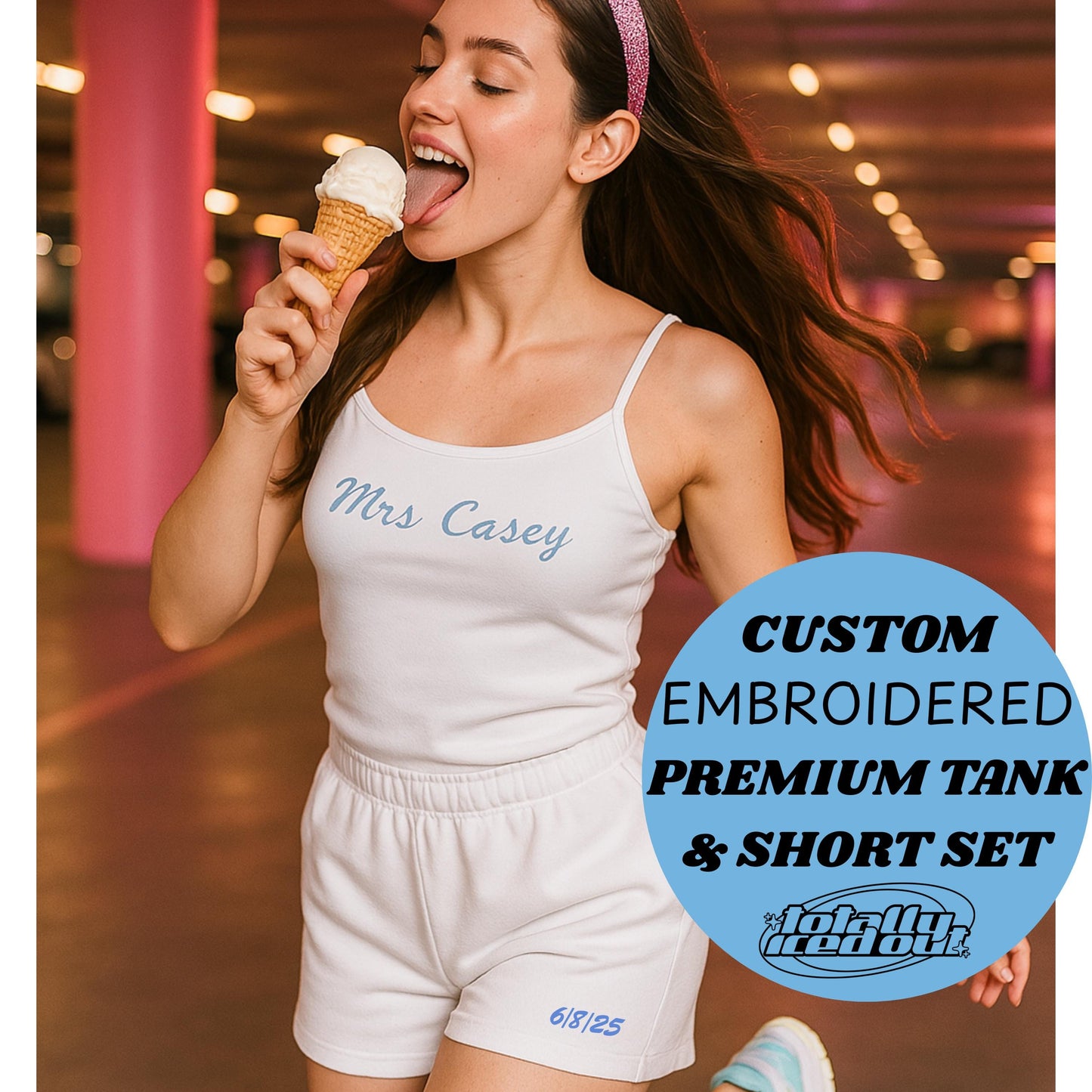 a woman eating an ice cream cone in a parking garage