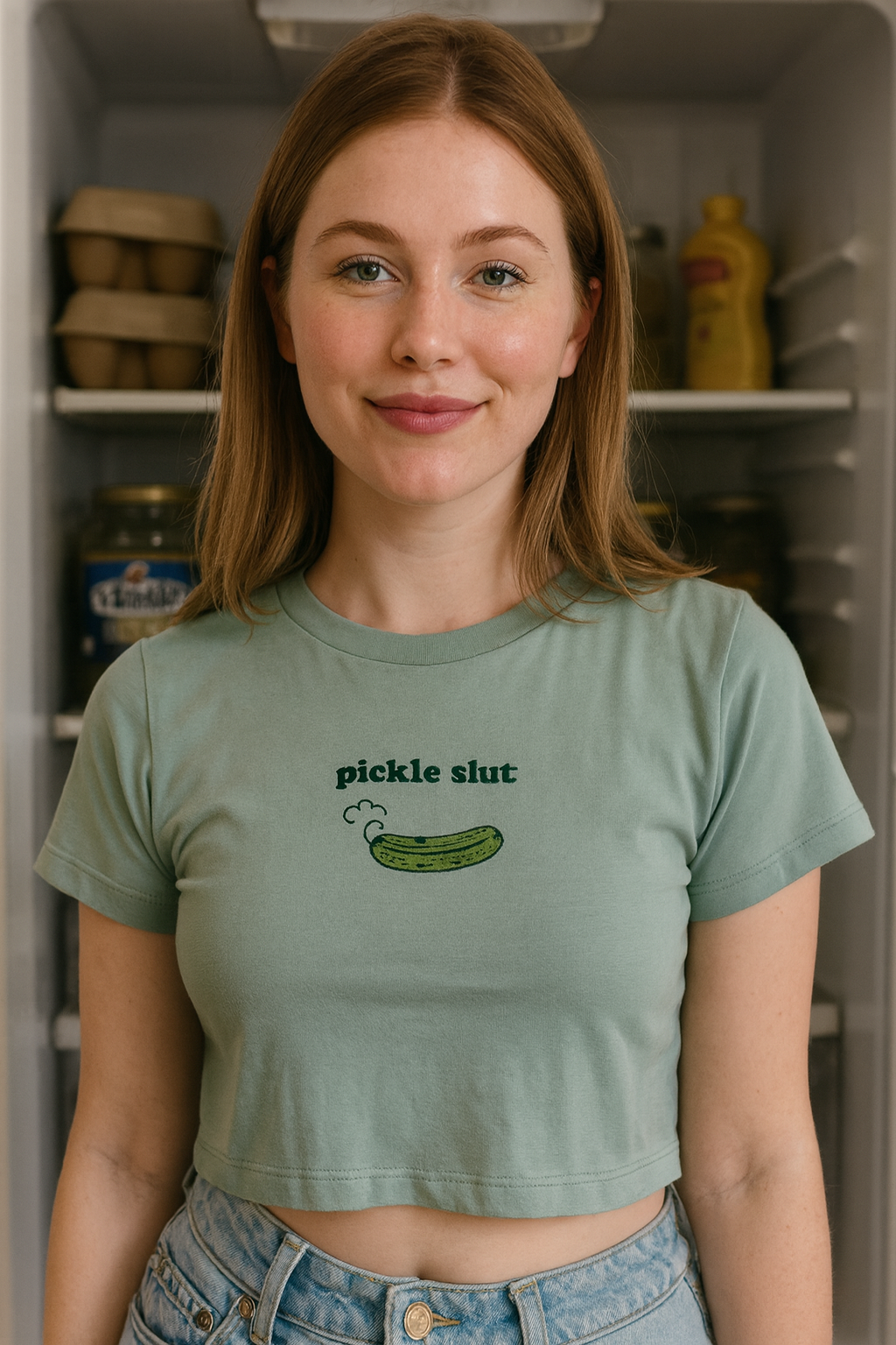 A young woman with long brown hair is standing in front of an open refrigerator, wearing a green crop top with a graphic of a pickle on it.