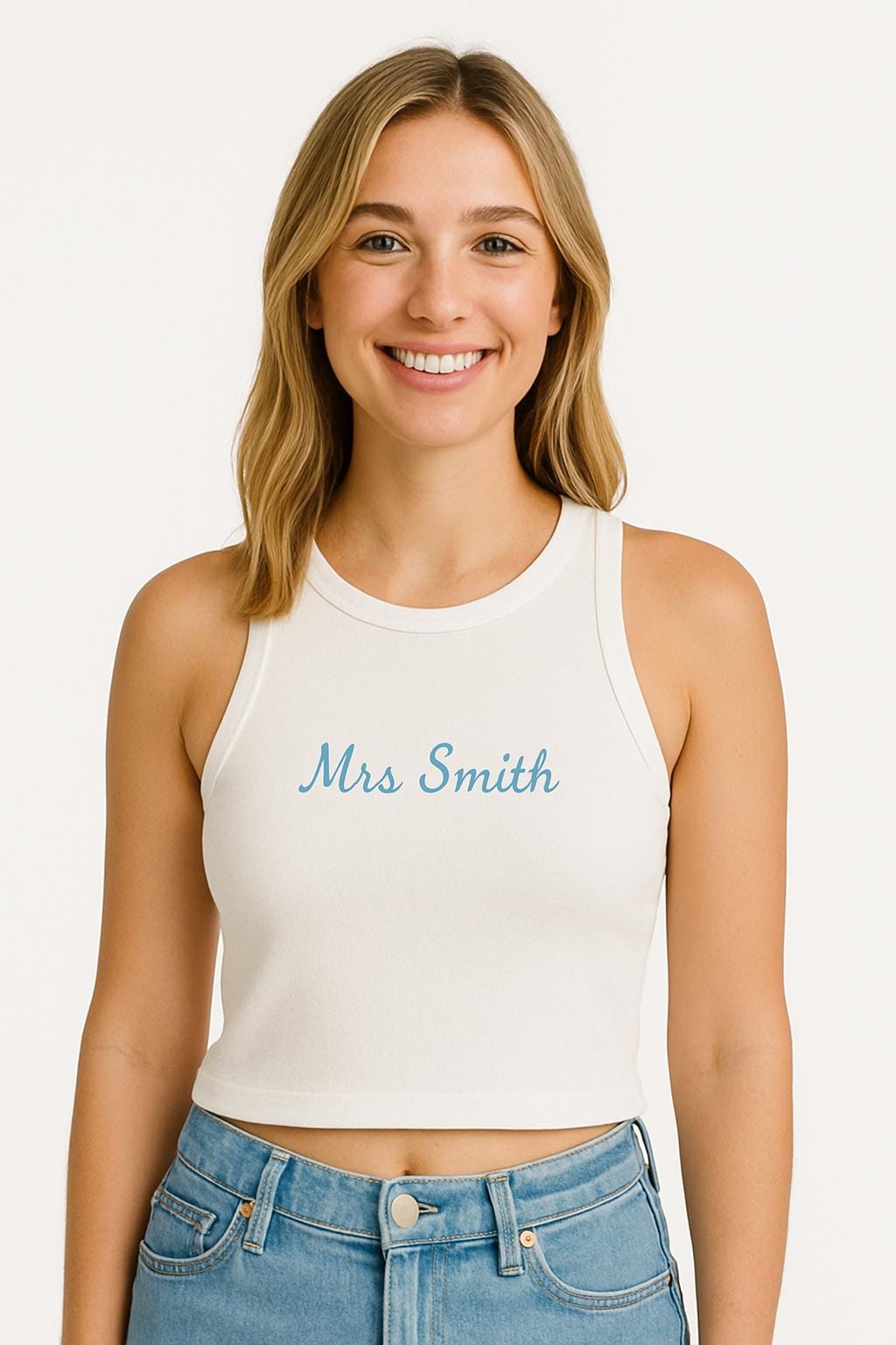 a woman wearing a white tank top with the word mrs smith on it