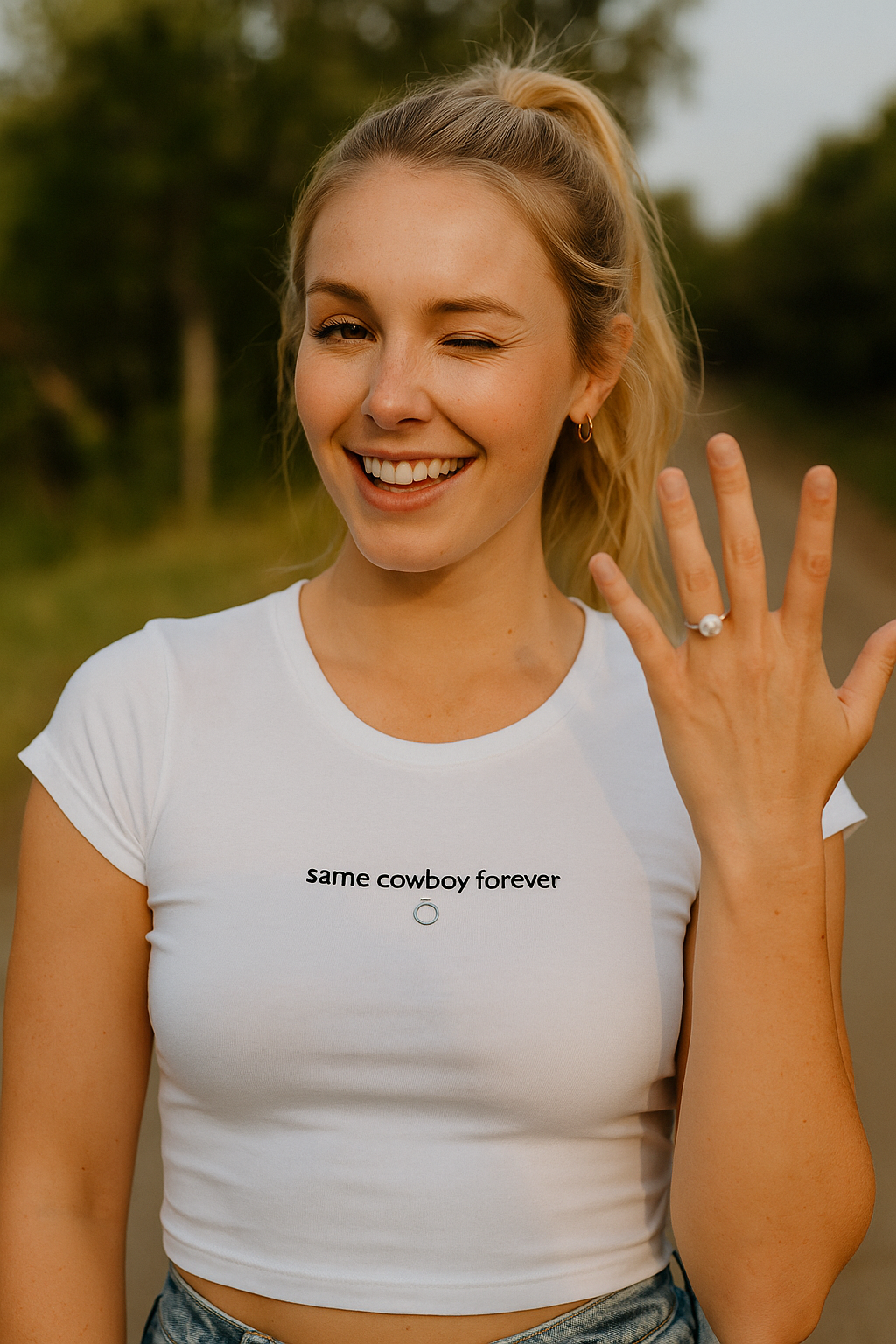A smiling woman wearing a white t-shirt with the text "same cowboy forever" is standing outdoors, with trees and a road in the background.