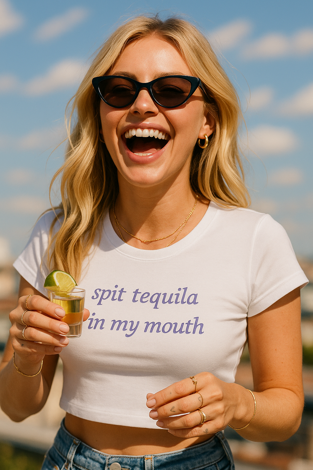a woman in a white shirt holding a drink
