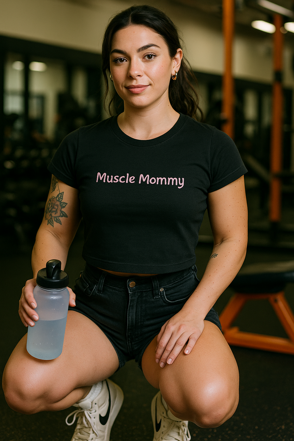 A woman wearing a black t-shirt with the text "Muscle Mommy" and black shorts is sitting on a bench in a gym, holding a water bottle.