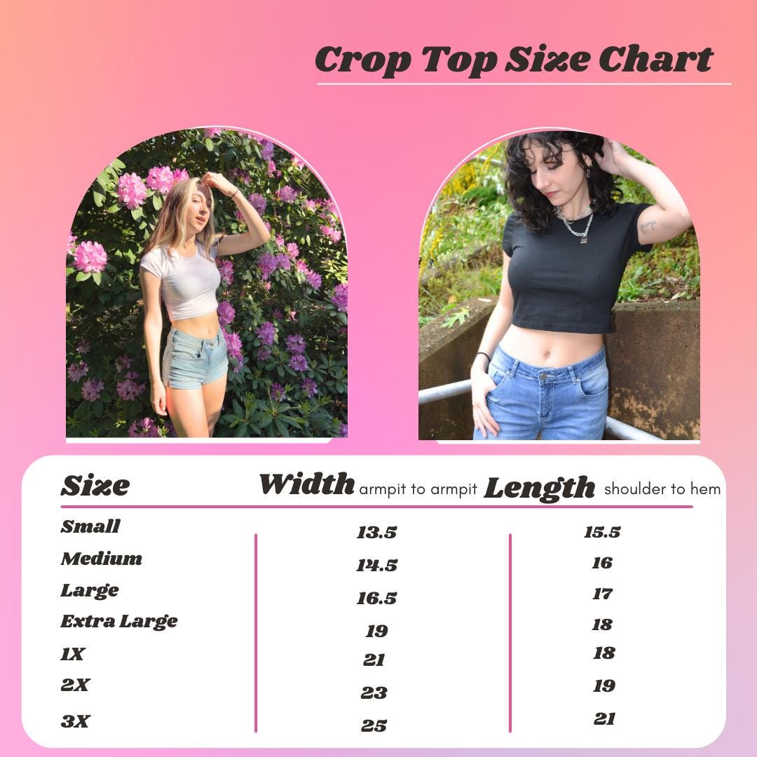 The image is a crop top size chart that provides measurements for different sizes, including small, medium, extra large, and large.
