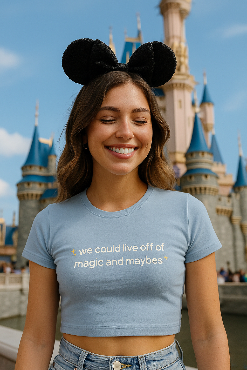 A woman wearing a blue crop top and black earrings is smiling in front of a Disney castle.
