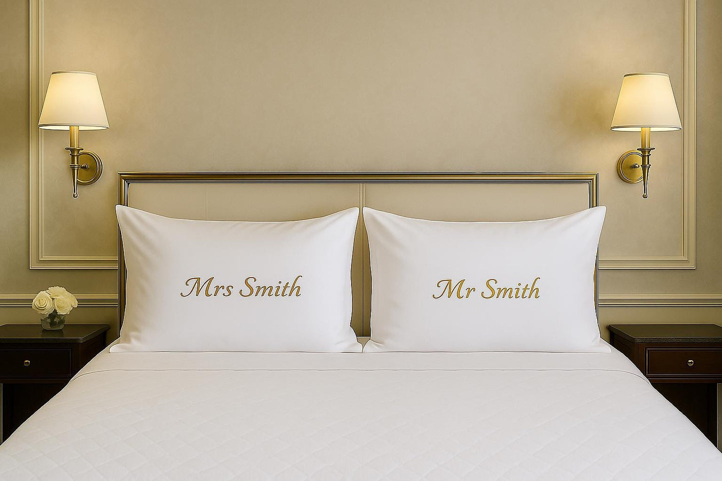 two pillows on top of a bed in a hotel room