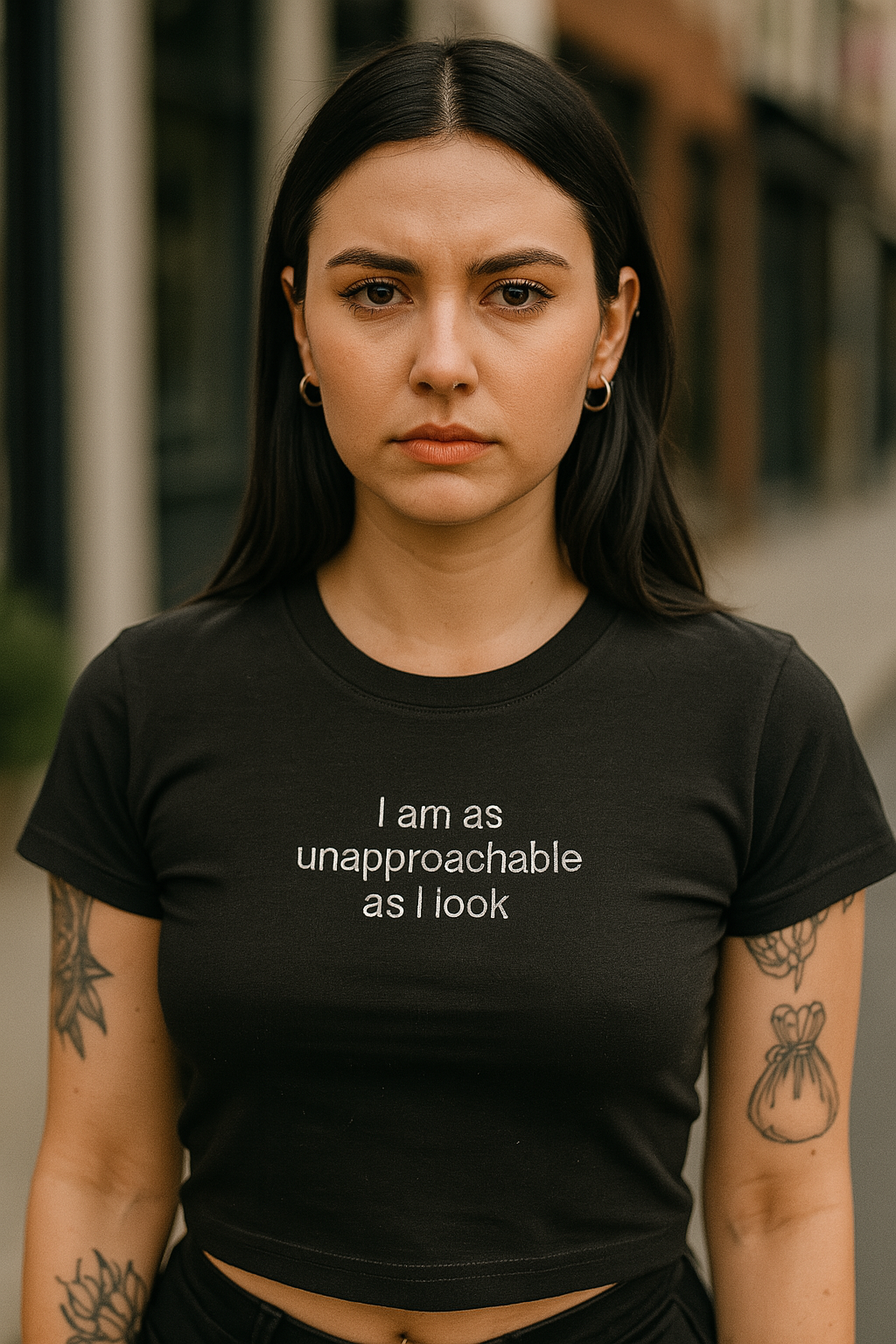A woman with dark hair and tattoos stands in front of a building, wearing a black t-shirt with the text "I am as unapproachable as I look".