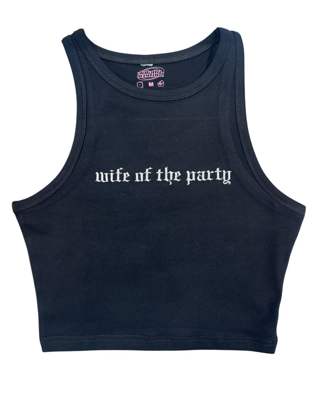 a black crop top with white writing on it