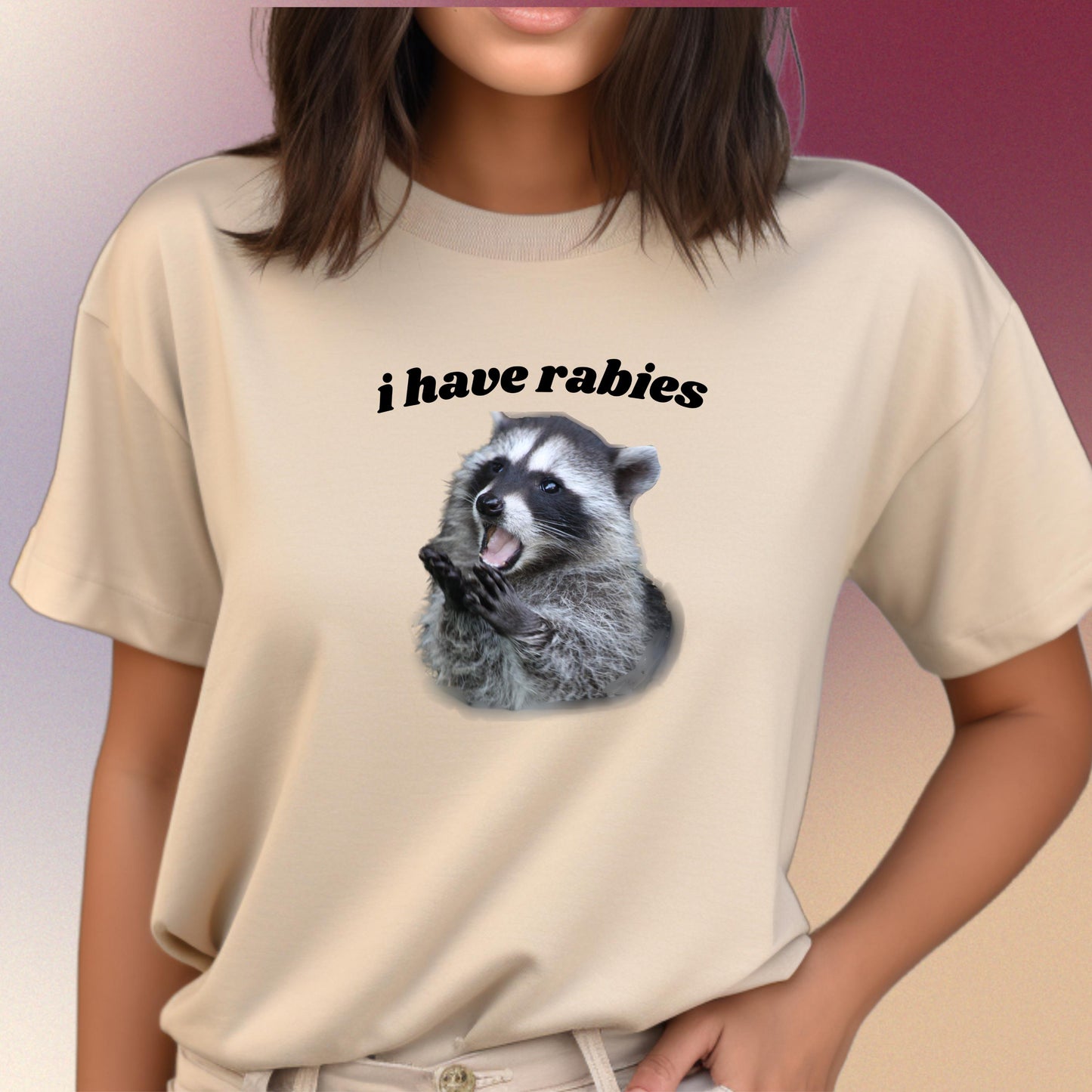 a woman wearing a shirt with a raccoon on it