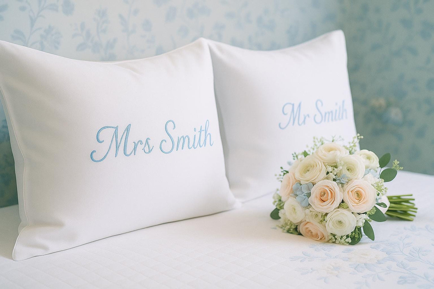 a bouquet of flowers sitting on top of a bed