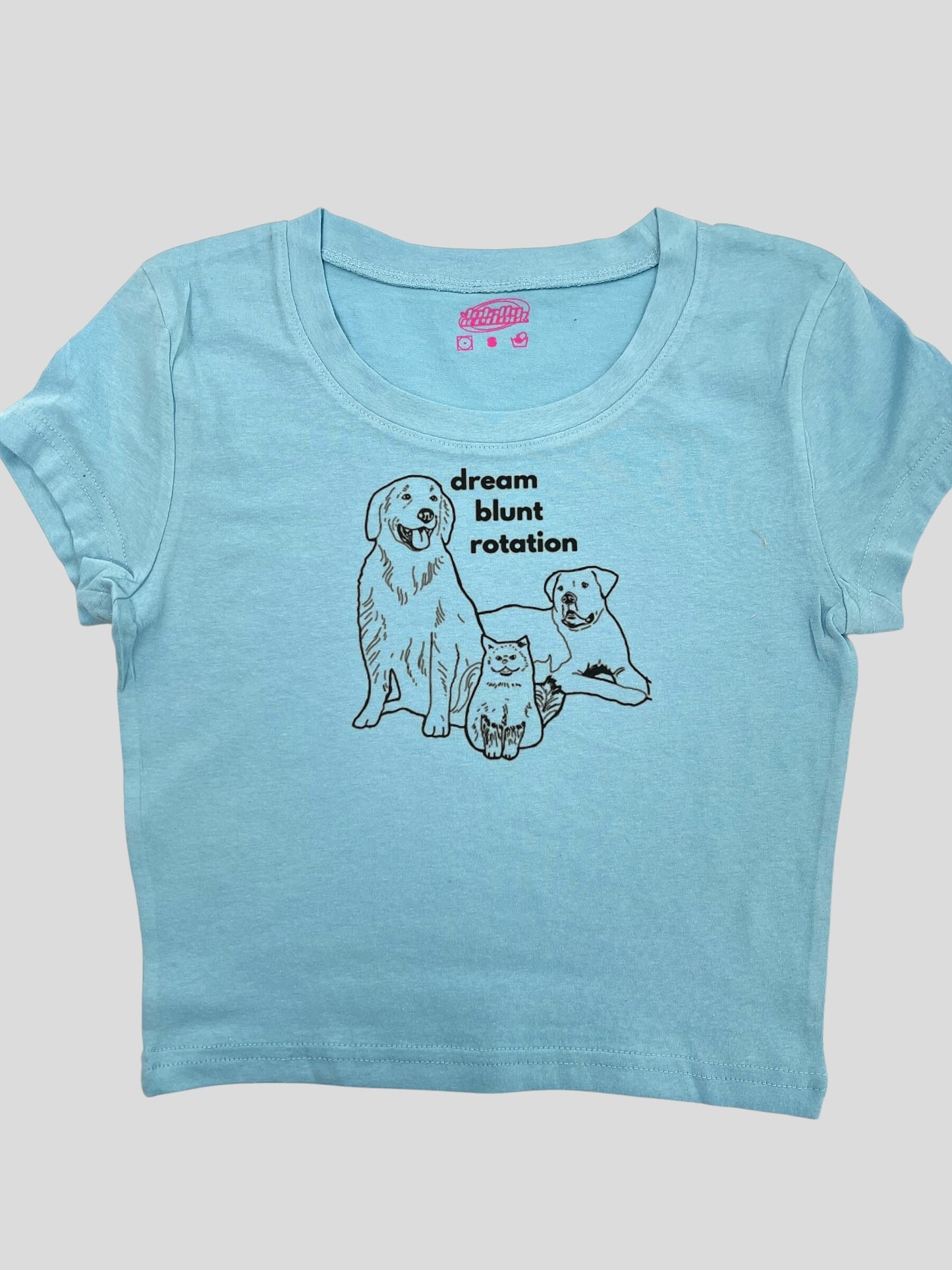 a blue shirt with a dog and cat on it