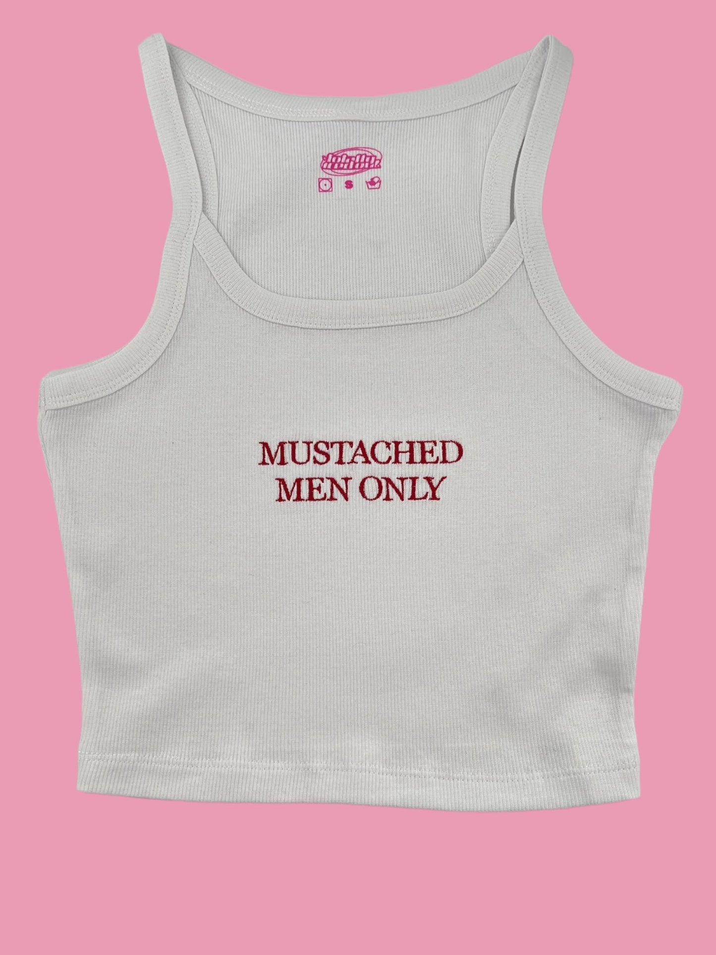 a white tank top that says, mustachied men only
