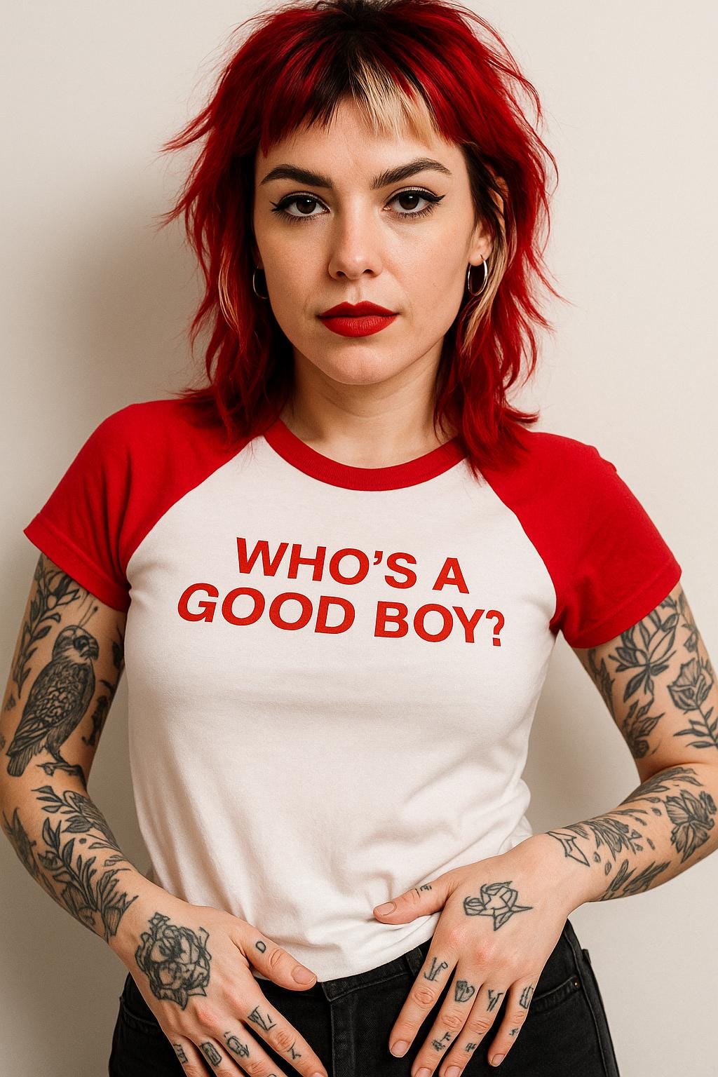 a woman with red hair wearing a red and white shirt