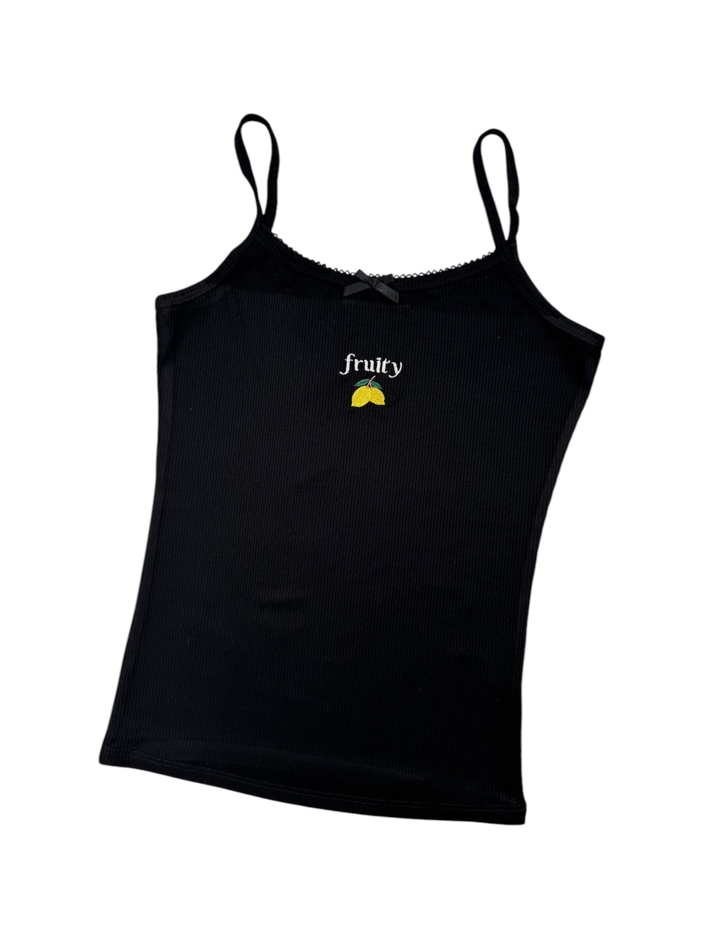 a women's black tank top with a yellow mustache on it
