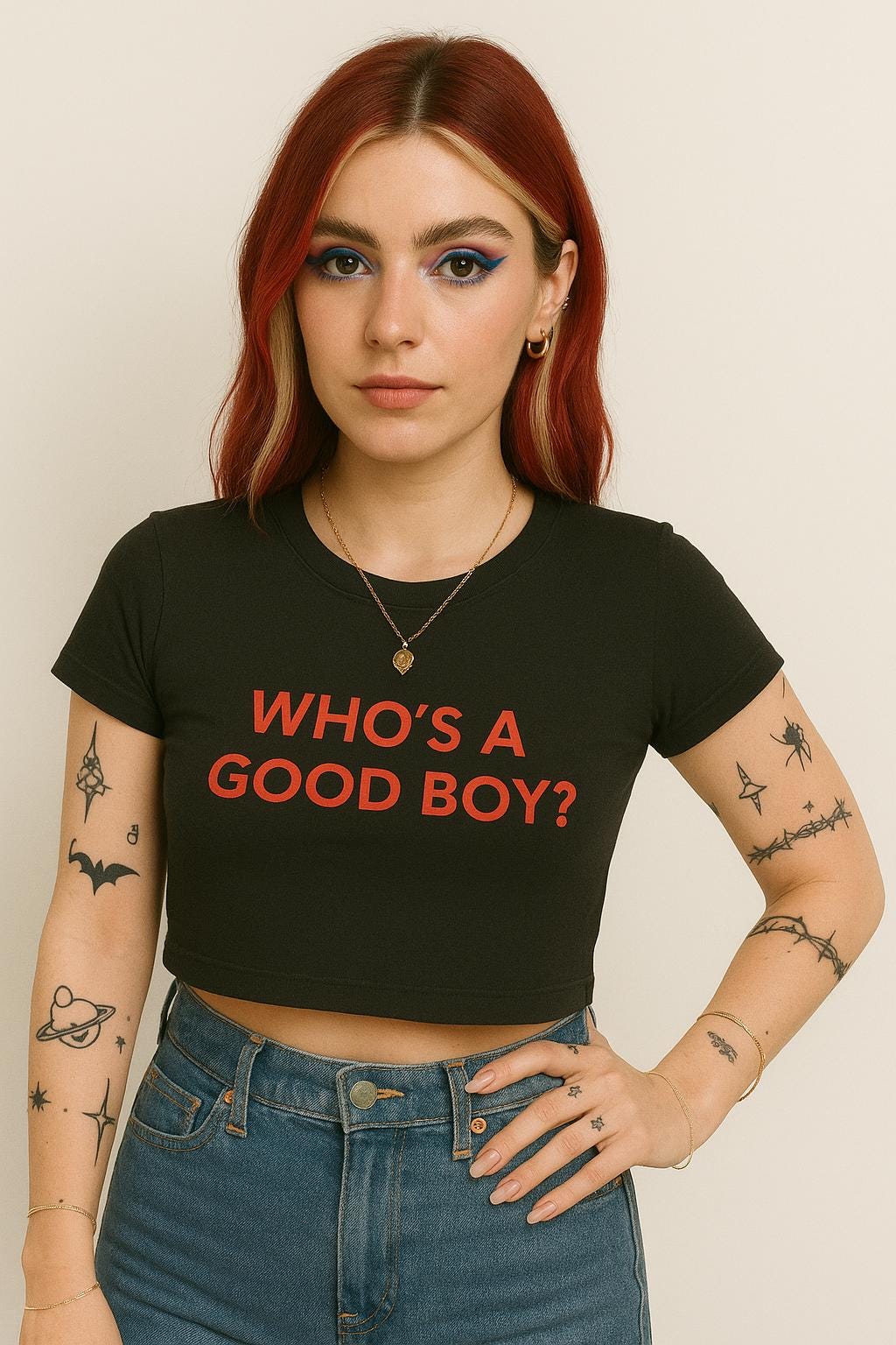 a woman with red hair wearing a black shirt with the words who's a