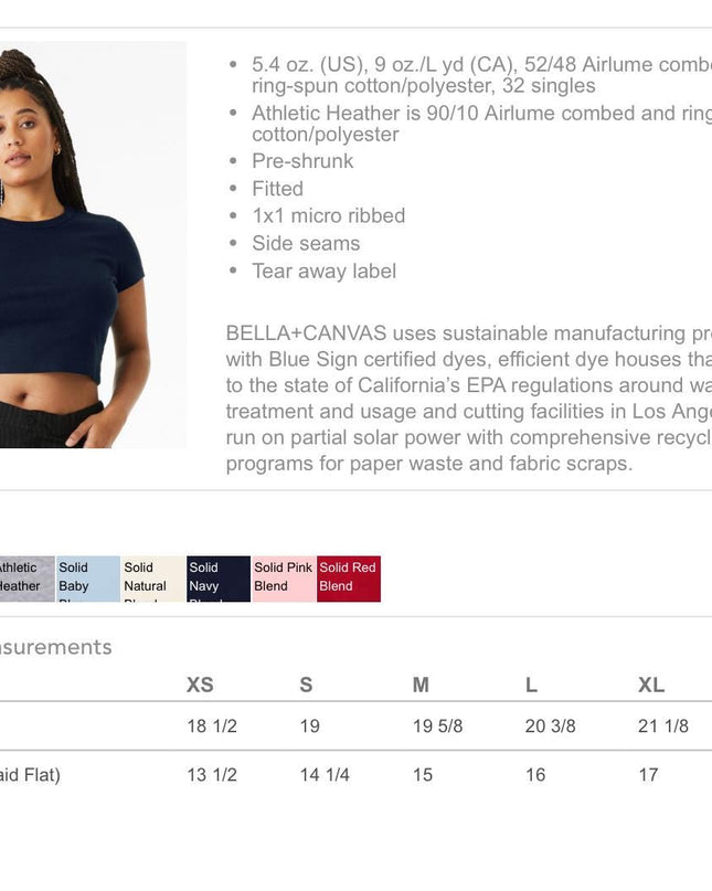 a women's crop top is shown with measurements