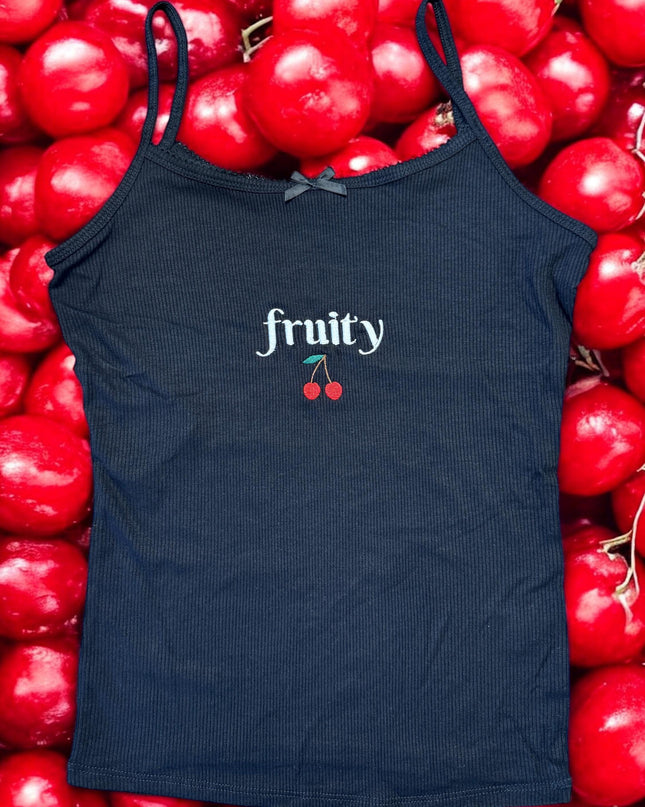 a black tank top with fruity written on it
