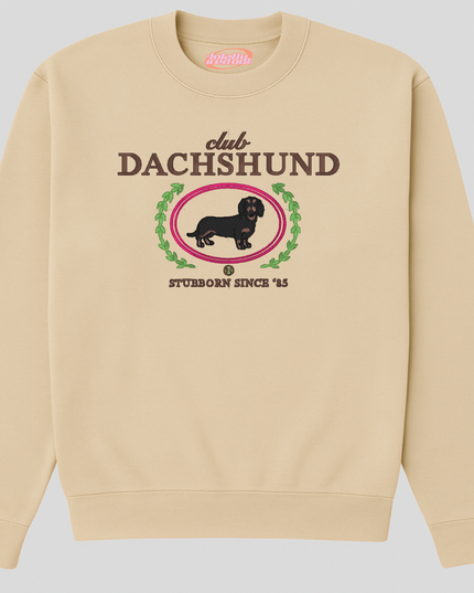 A beige sweater with a graphic design featuring a black dachshund dog and the text "club DACHSHUND" and "STUBBORN SINCE '45".
