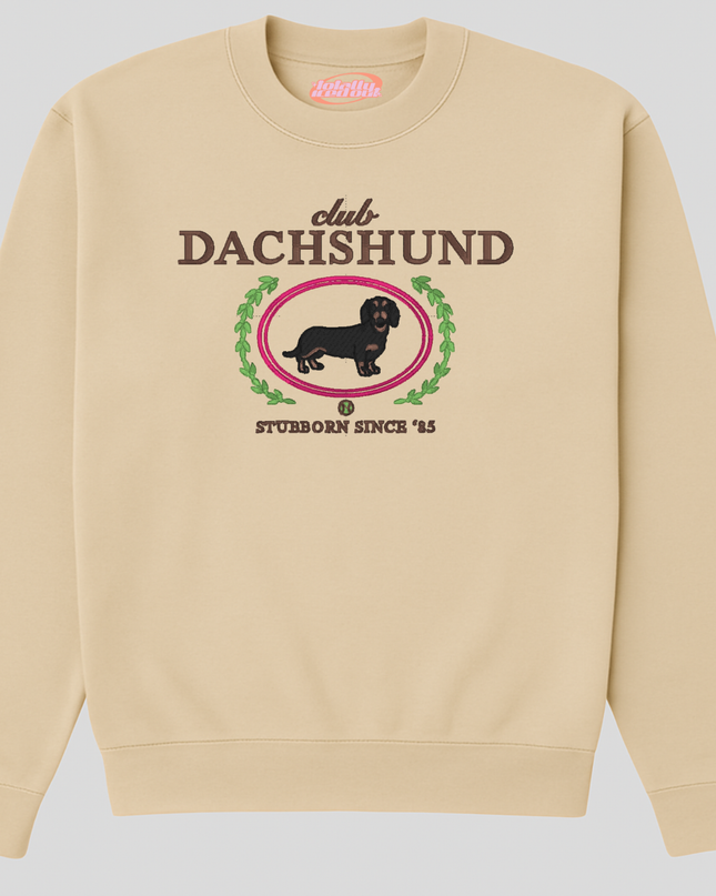 A beige sweater with a graphic design featuring a black dachshund dog and the text "club DACHSHUND" and "STUBBORN SINCE '45".