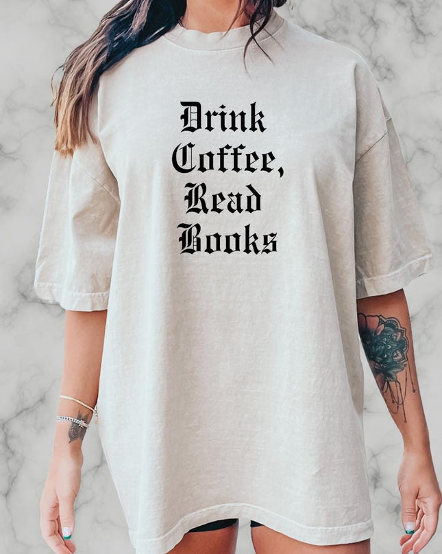 a woman wearing a white shirt that says drink caffe, read books
