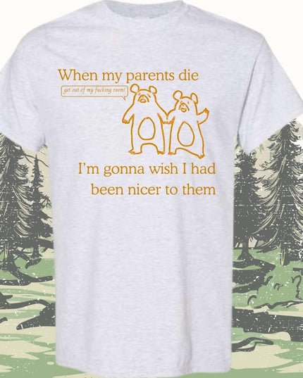 a white t - shirt with a picture of two bears on it
