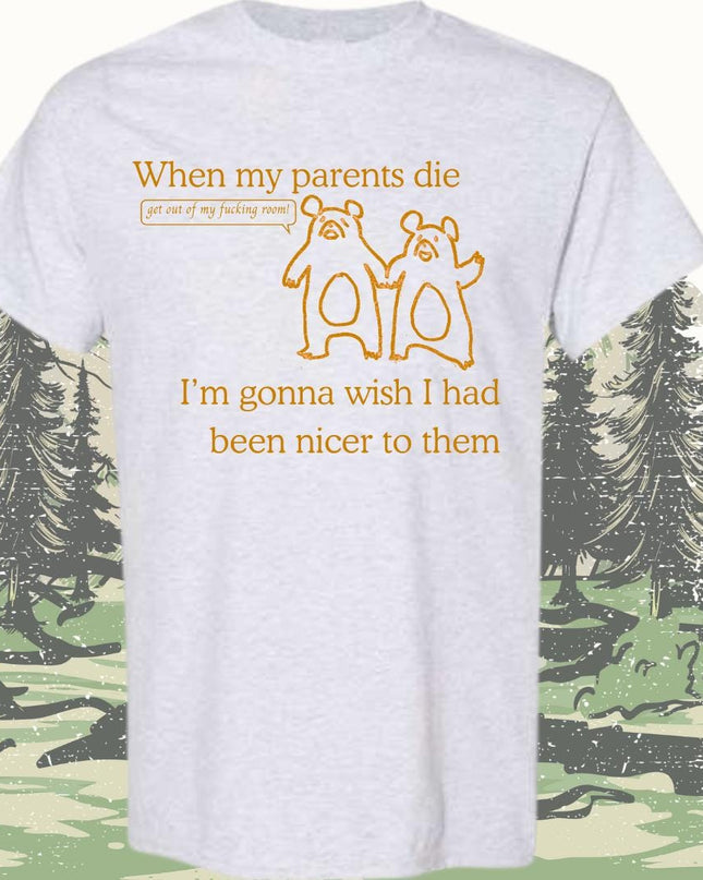 a white t - shirt with a picture of two bears on it