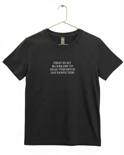 A black t-shirt with white text printed on it.