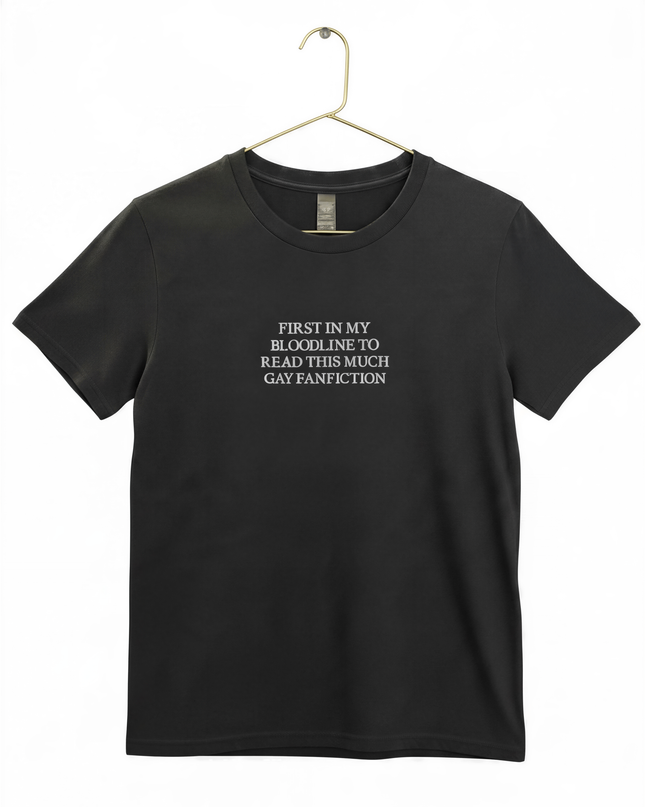 A black t-shirt with white text printed on it.