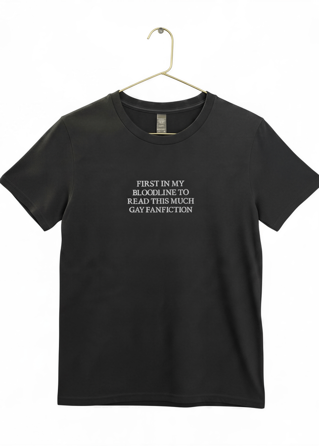 A black t-shirt with white text printed on it.