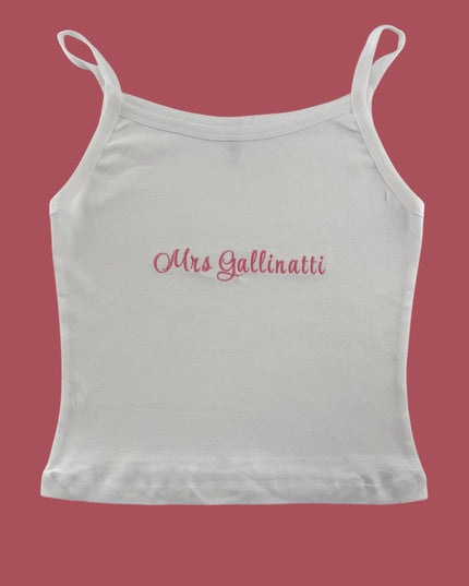 a white tank top with the words mrs galliani written on it
