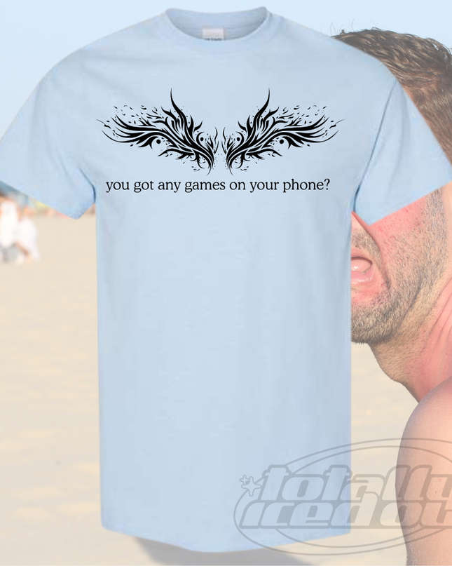 a man wearing a t - shirt with a picture of two birds on it