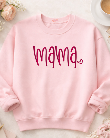 A pink sweatshirt with the word "mama" printed on it, along with a heart symbol.