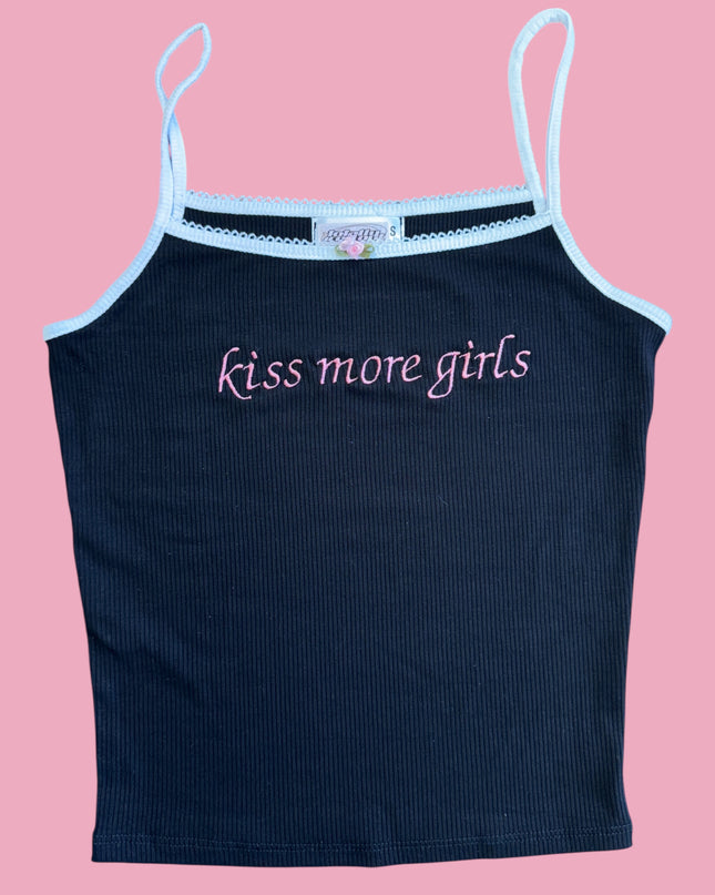 a women's tank top with the words kiss more girls on it