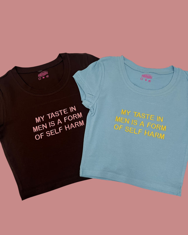 Two t-shirts with the same text printed on them, one in black and one in blue.