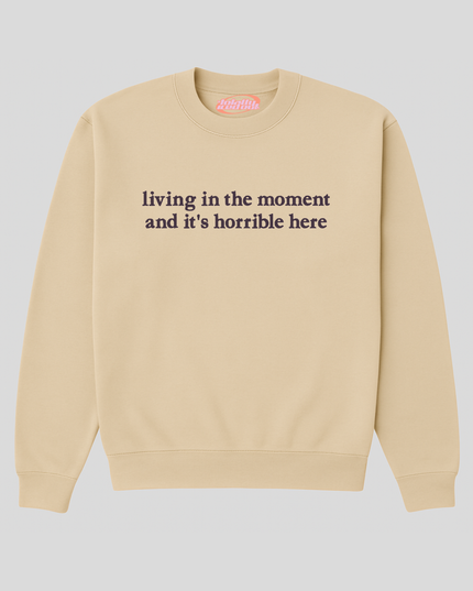 A beige sweatshirt with the text "LIVING IN THE MOMENT AND IT'S HORRIBLE HERE" printed on it.