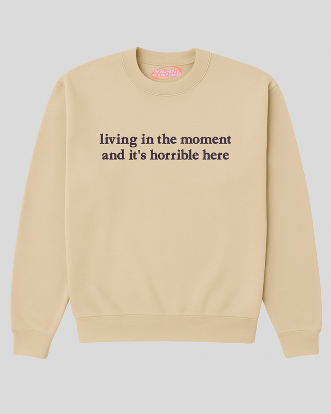 A beige sweatshirt with the text "LIVING IN THE MOMENT AND IT'S HORRIBLE HERE" printed on it.