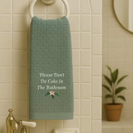 a bathroom with a green towel hanging on the wall