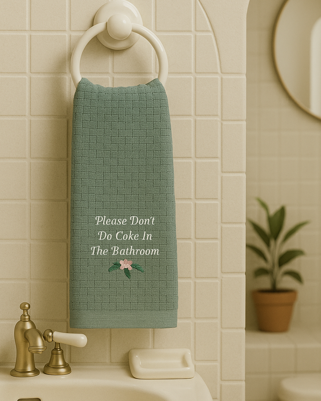 a bathroom with a green towel hanging on the wall