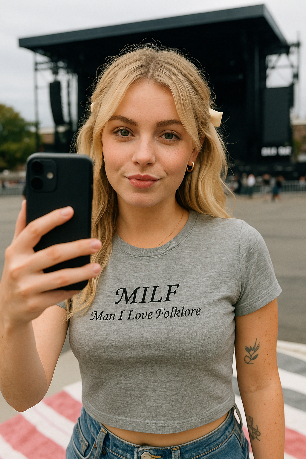 A young woman with blonde hair is taking a selfie with a black phone, wearing a gray t-shirt with the text "MILF Man I Love Folklore".
