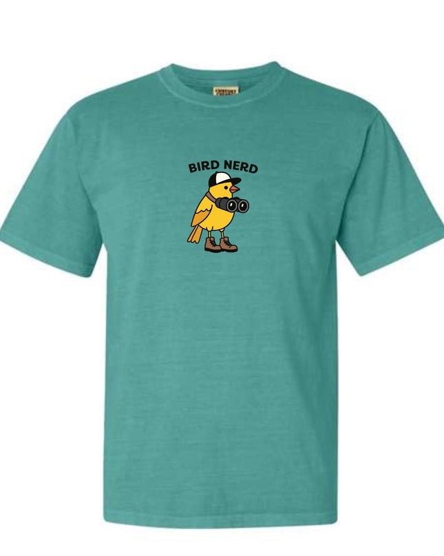 A turquoise t-shirt with a cartoon image of a yellow bird wearing a baseball cap and holding a camera.