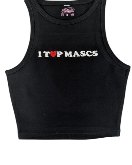 A black crop top with the text "I [heart symbol] P MASCS" printed on it.