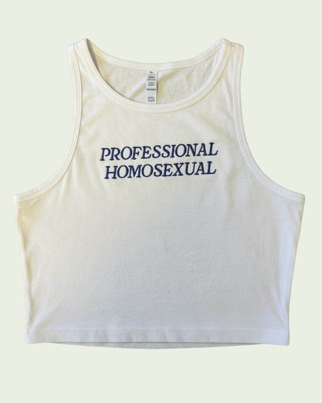 A white crop top with the text "PROFESSIONAL HOMOSEXUAL" printed on it.