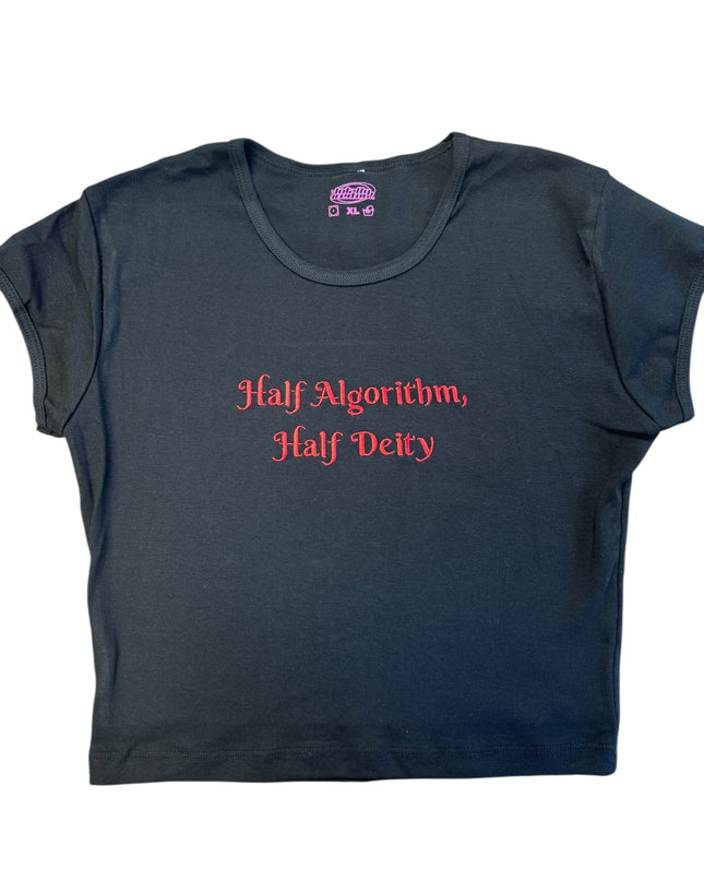 The image is a black t-shirt with red text printed on it.