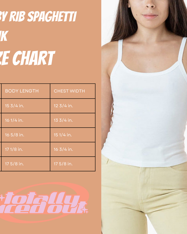 The image is a size chart for a baby rib spaghetti tank, showing the size and corresponding chest width for different body lengths.