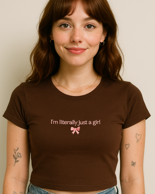 A young woman with long brown hair and tattoos on her arms is smiling at the camera while wearing a brown crop top with the text "I'm literally just a girl" printed on it.