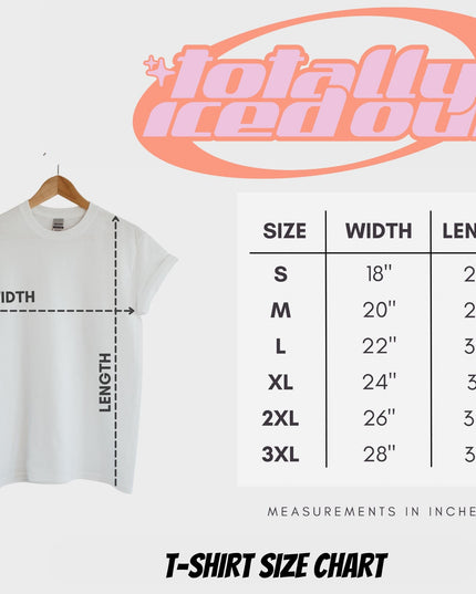 The image is a T-shirt size chart that provides measurements for different shirt sizes, including S, M, L, XL, 2XL, and 3XL. The chart includes a white t-shirt and a pink logo with the text " Totally Iced Out" above it.