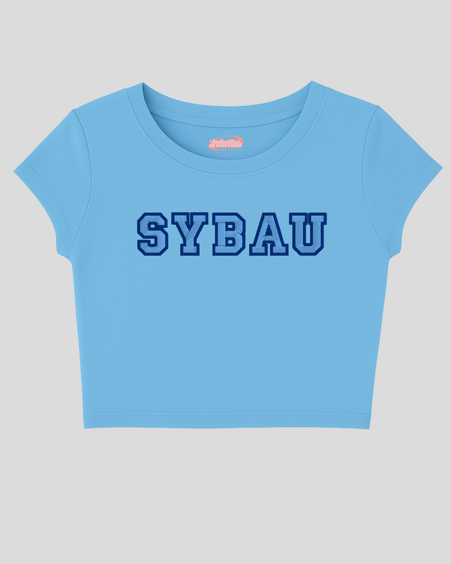 A light blue cropped t-shirt with the word "SYBAU" printed in large blue letters across the front.