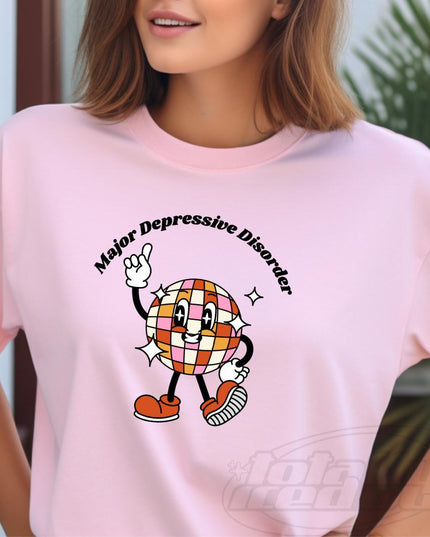 a woman wearing a pink shirt with a cartoon character on it
