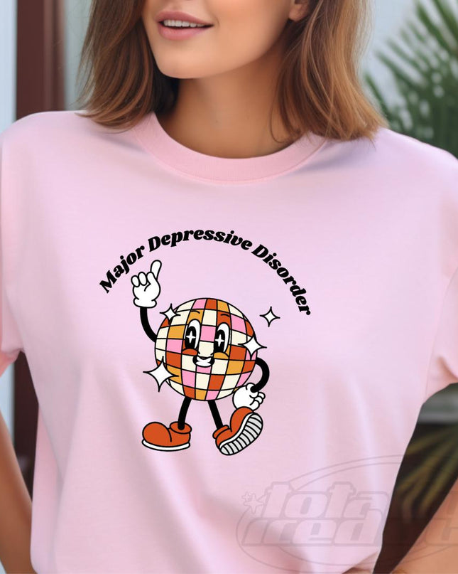 a woman wearing a pink shirt with a cartoon character on it