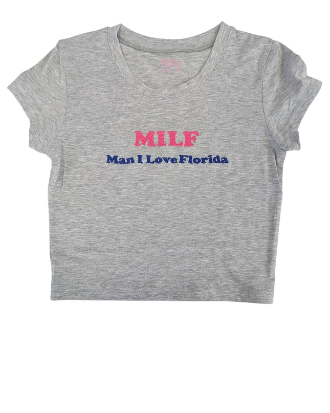 A gray t-shirt with the text "MILF Man I LoveFlorida" printed on it in pink and blue colors.